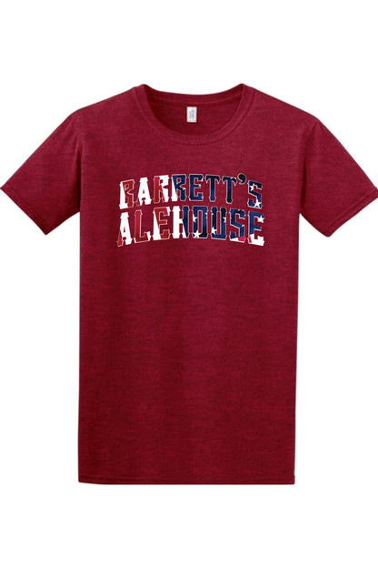 Maroon ring-spun cotton t-shirt featuring a Barrett's Alehouse logo with a red, white, and blue flag pattern.