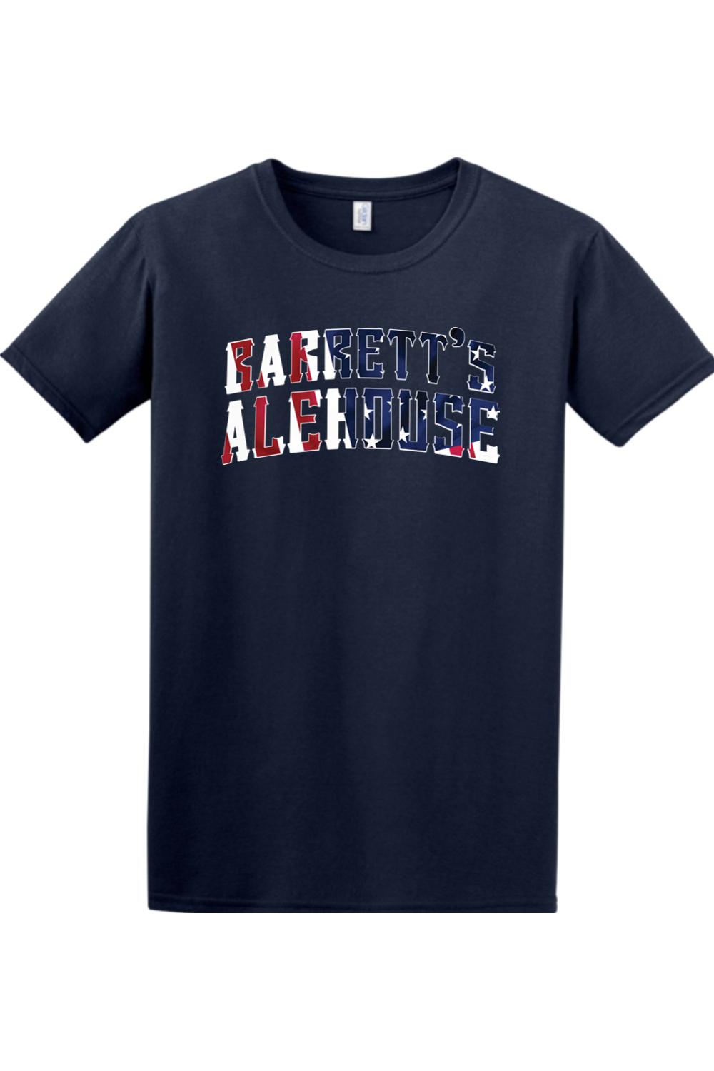 Navy blue cotton t-shirt featuring a Barrett's Alehouse logo with a red, white, and blue American flag pattern.
