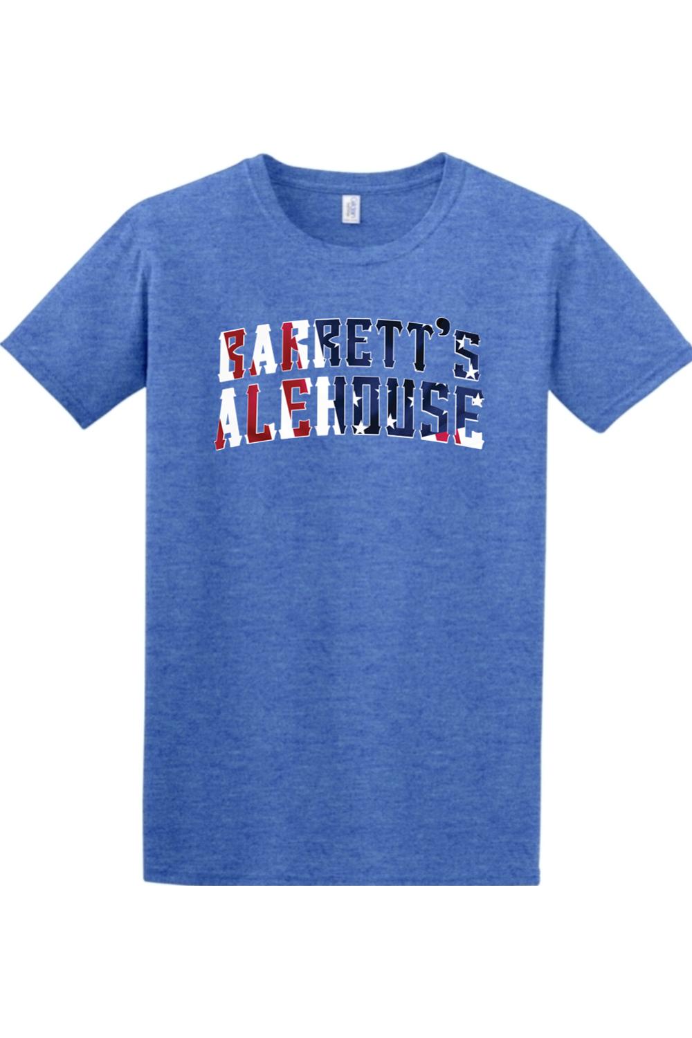 Blue heathered cotton t-shirt featuring a Barrett's Alehouse logo with a red, white, and blue American flag pattern.