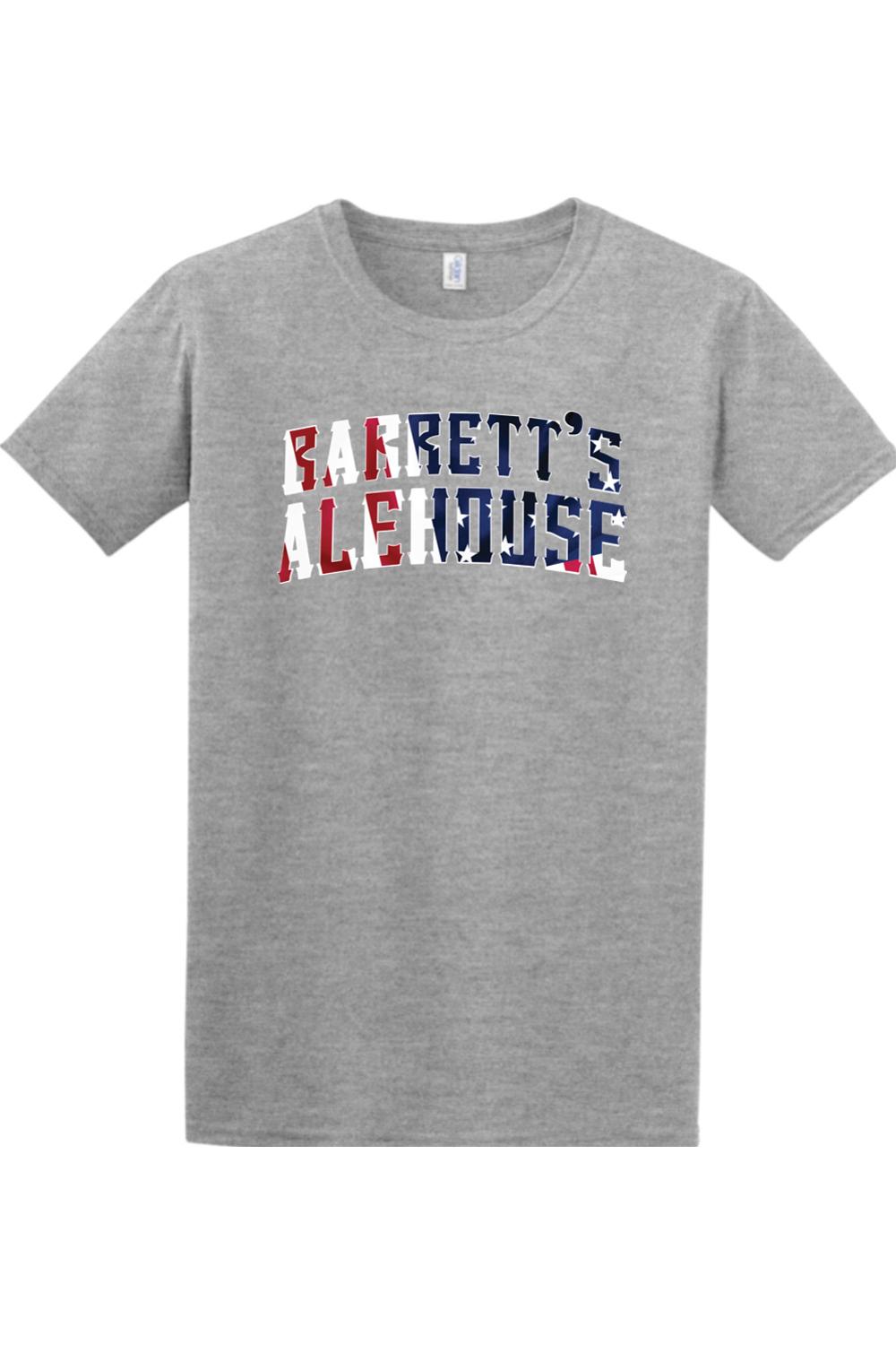 Grey cotton t-shirt featuring a red, white, and blue American flag-themed Barrett's Alehouse logo on the chest.