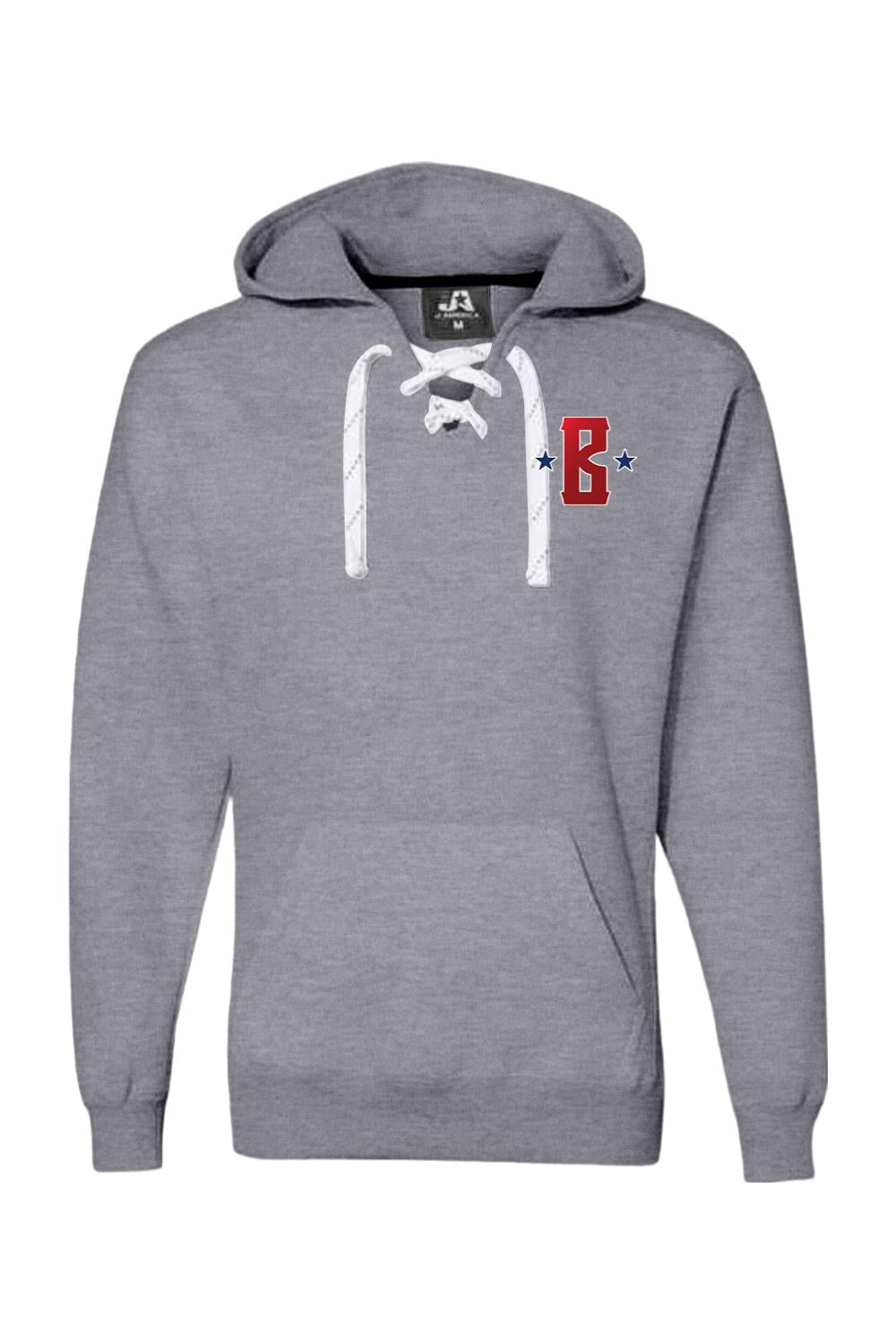 Grey Barrett's Alehouse lace-up hooded sweatshirt with a red B logo and white hockey-style laces.