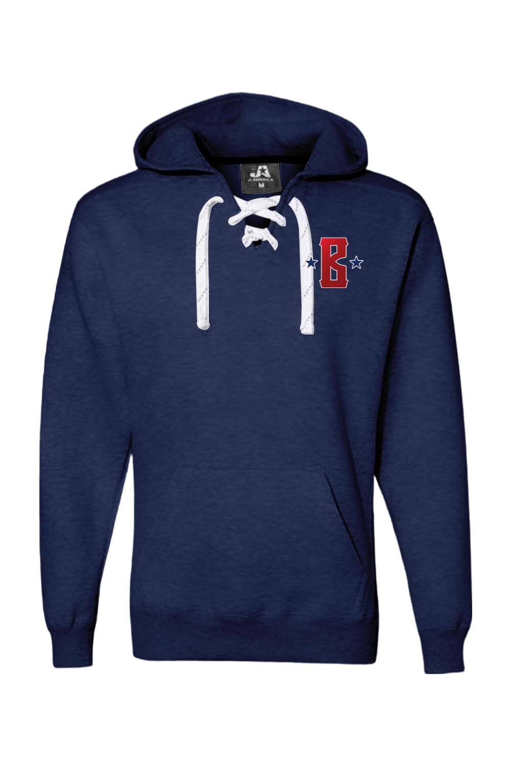 Navy blue lace-up hooded sweatshirt featuring a red Barrett's Alehouse logo and white hockey-style laces.