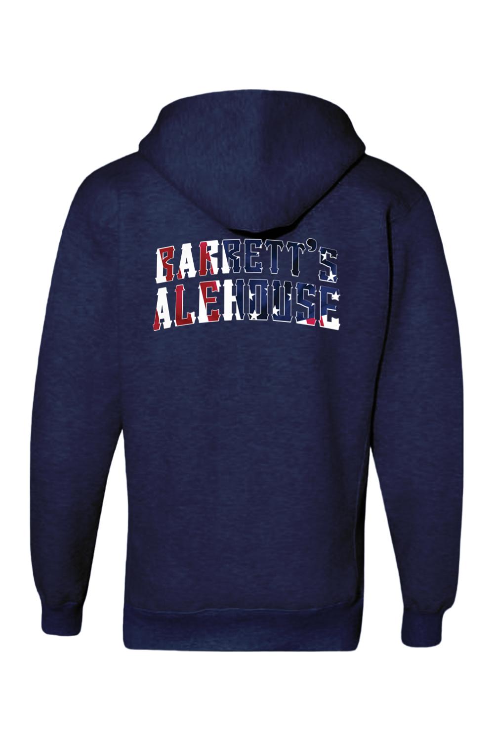Navy blue hooded sweatshirt featuring the Barrett's Alehouse logo in a red, white, and blue American flag print.