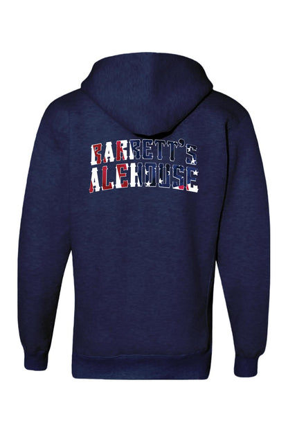 Navy blue hooded sweatshirt featuring the Barrett's Alehouse logo in a red, white, and blue American flag print.