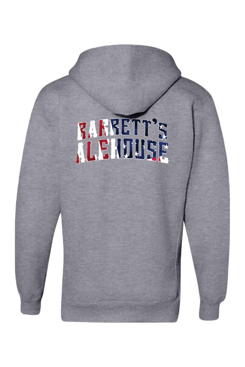 Grey hooded sweatshirt featuring the Barrett's Alehouse logo in a red, white, and blue American flag print on the back.