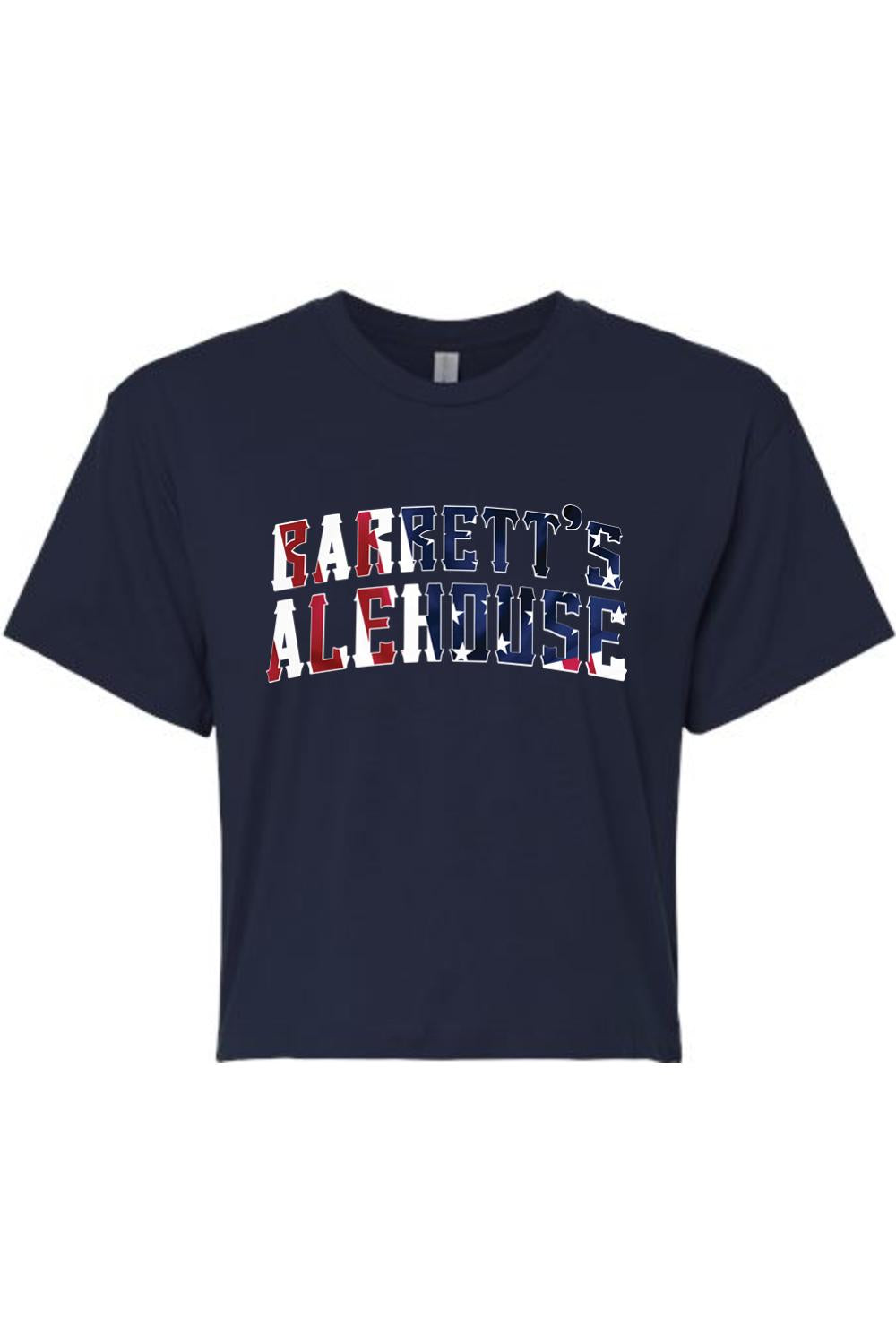 Navy blue women's cotton-blend crop top featuring a Barrett's Alehouse logo with an American flag print.