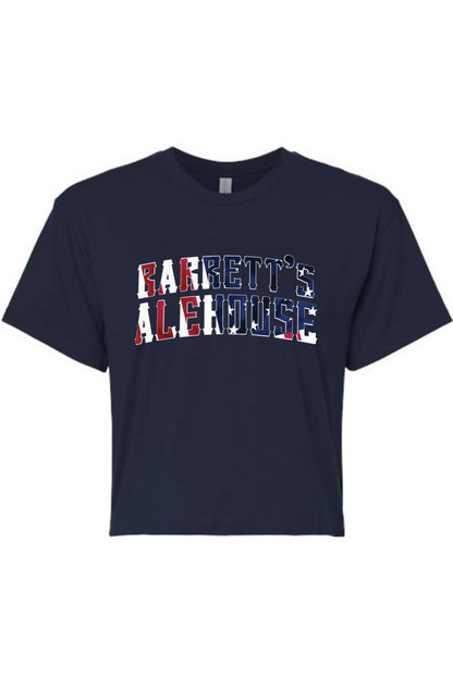 Navy blue women's cotton-blend crop top featuring a Barrett's Alehouse logo with an American flag print.