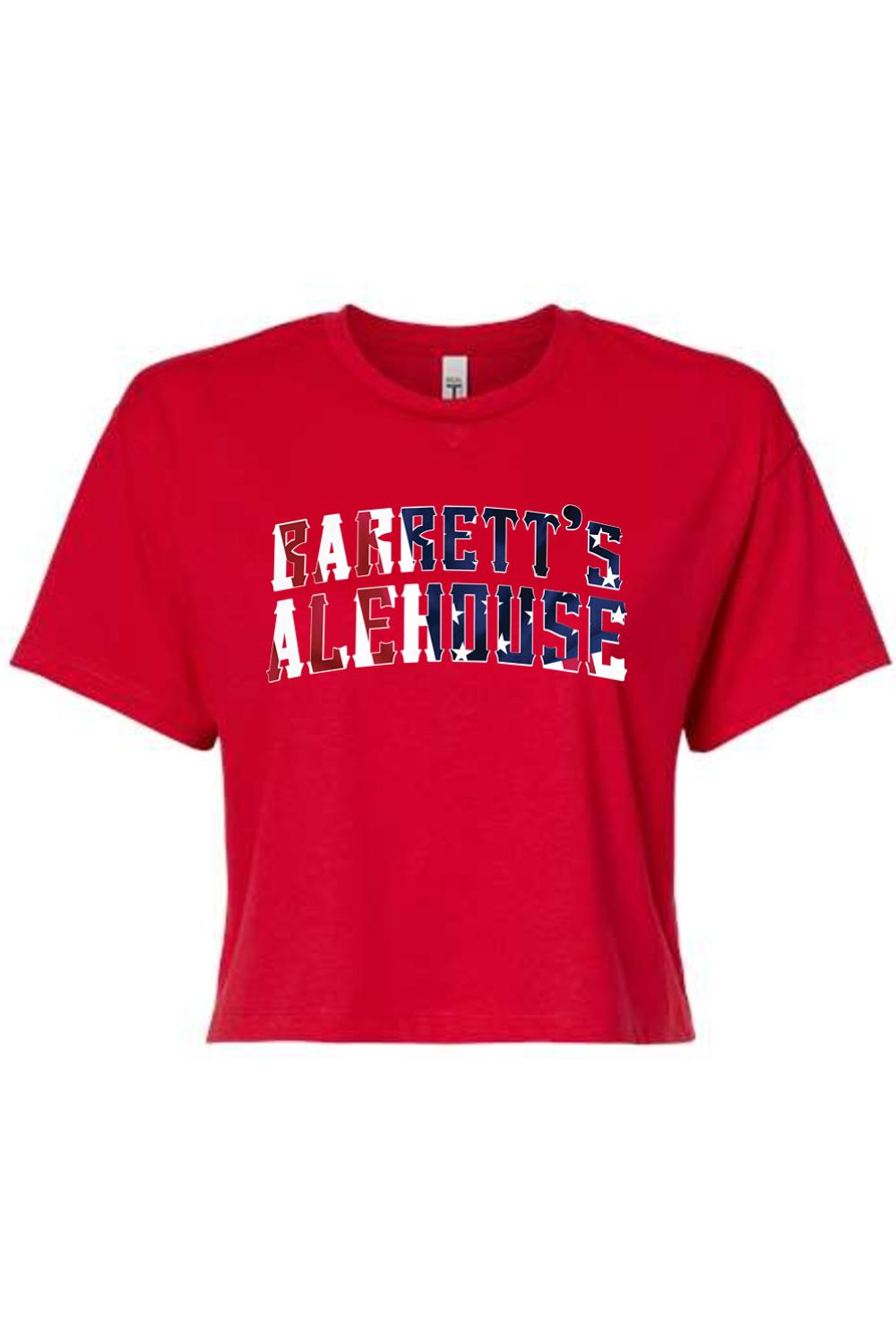 Red women's crop top with Barrett's Alehouse text in a blue and white American flag print.