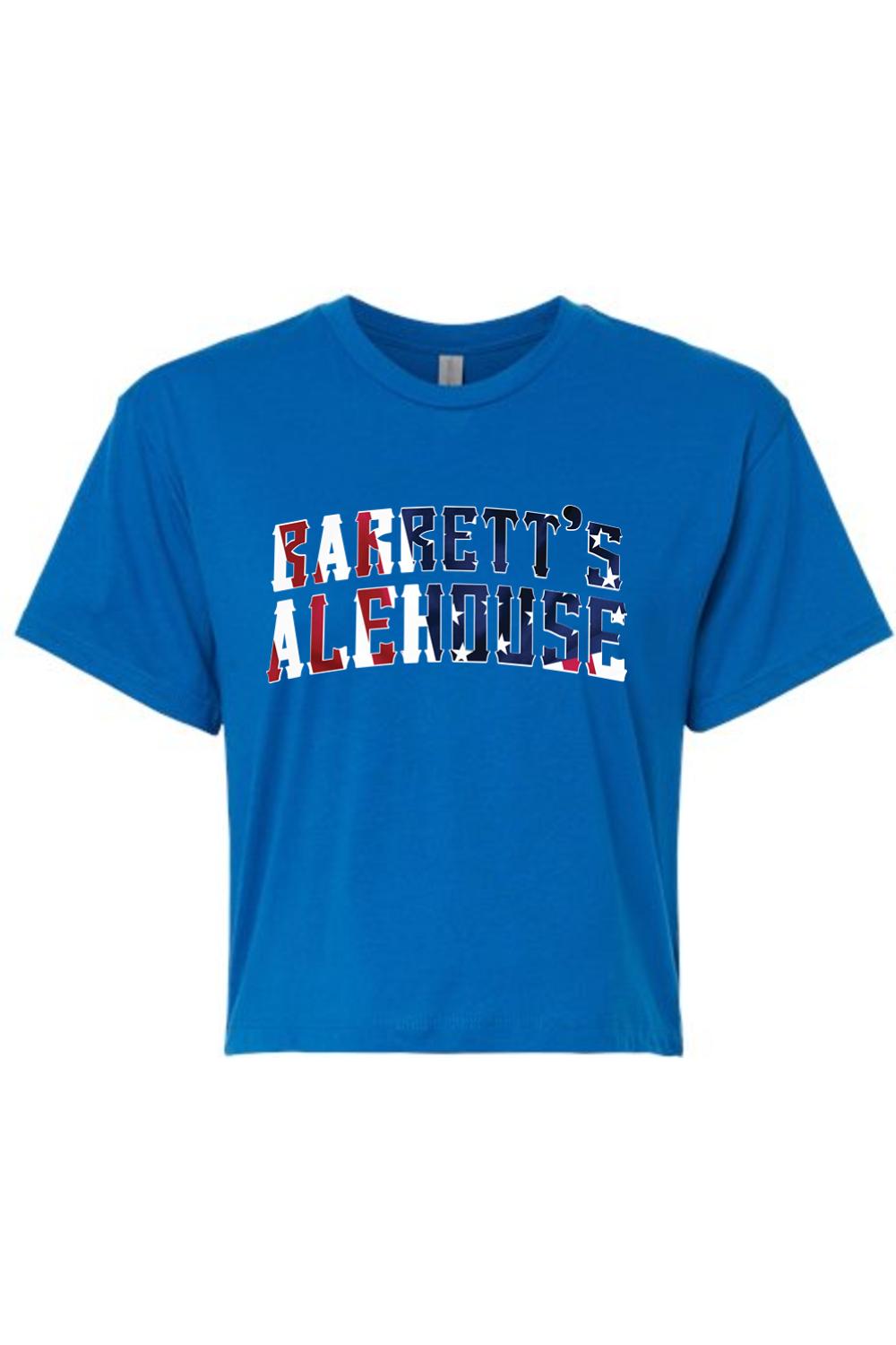 Blue cotton-blend women's crop top featuring Barrett's Alehouse text in an American flag pattern.