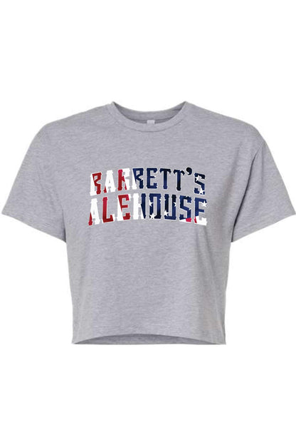 Grey cotton-blend women's crop top featuring a red, white, and blue American flag-patterned Barrett's Alehouse logo.