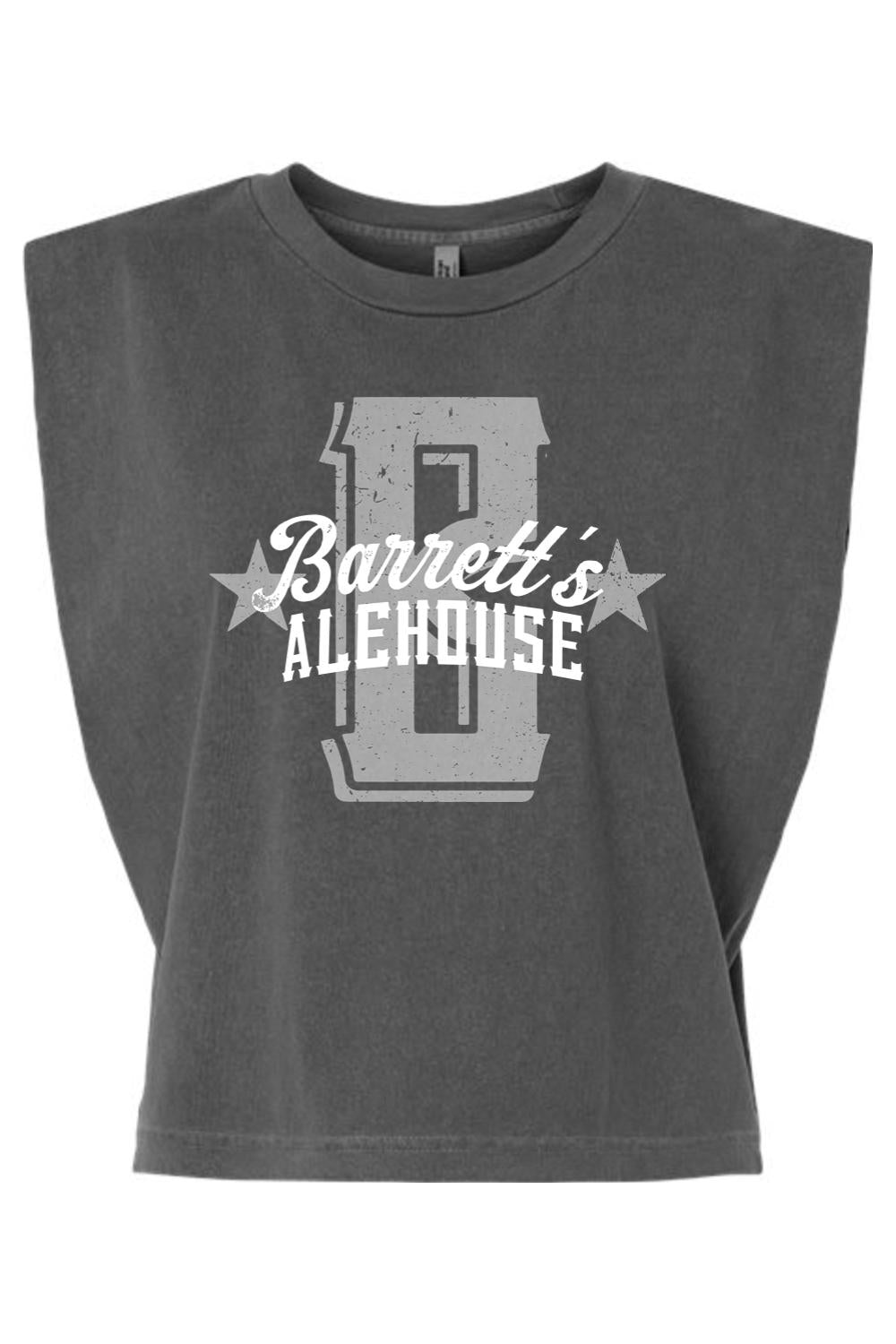 Charcoal grey garment-dyed women's muscle tee with a boxy, cropped fit and distressed Barrett's Alehouse logo graphic.