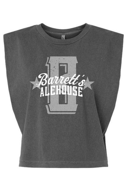 Charcoal grey garment-dyed women's muscle tee with a boxy, cropped fit and distressed Barrett's Alehouse logo graphic.