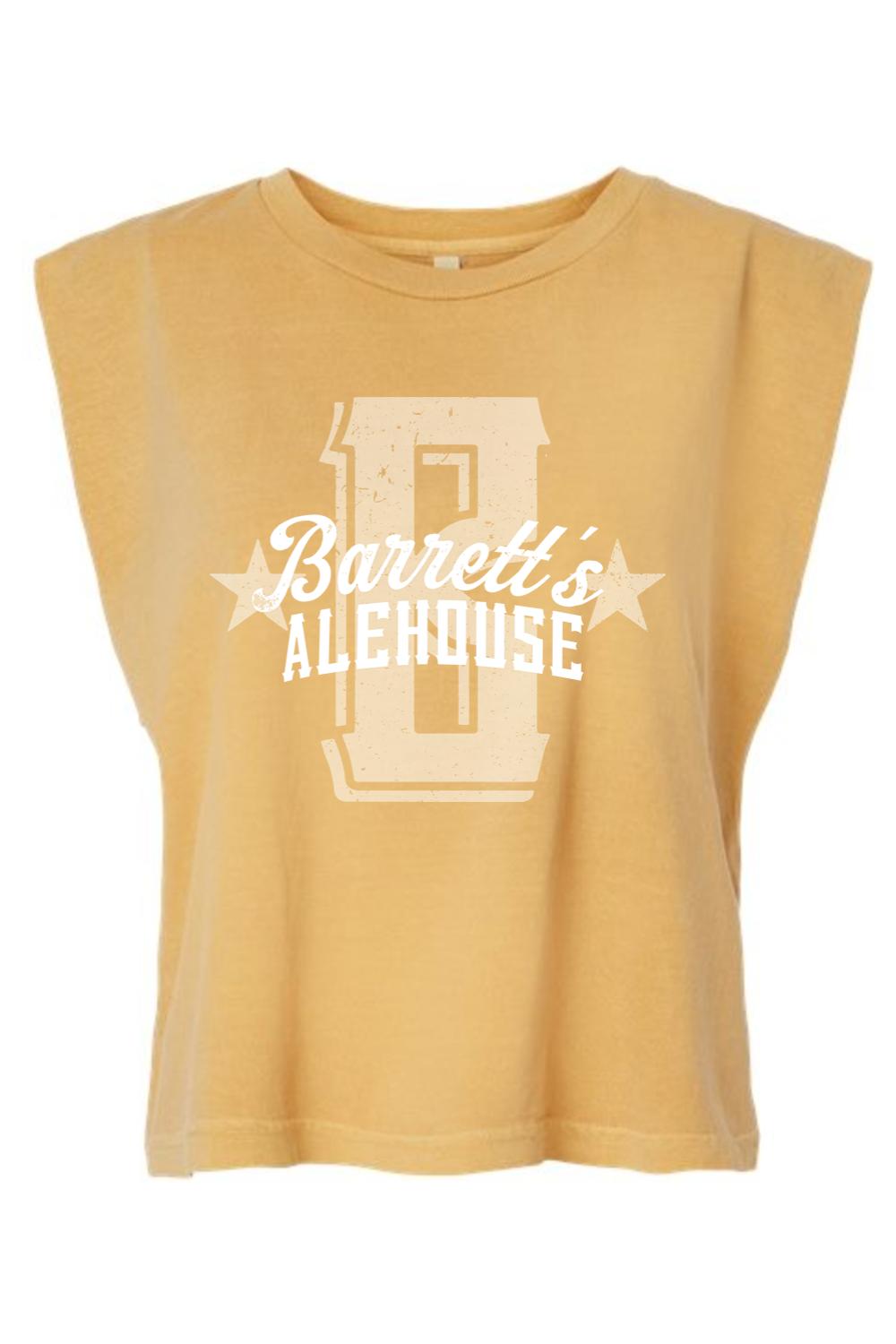 Mustard yellow garment-dyed cotton muscle tee with a boxy, cropped fit and vintage Barrett's Alehouse graphic print.