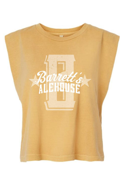 Mustard yellow garment-dyed cotton muscle tee with a boxy, cropped fit and vintage Barrett's Alehouse graphic print.