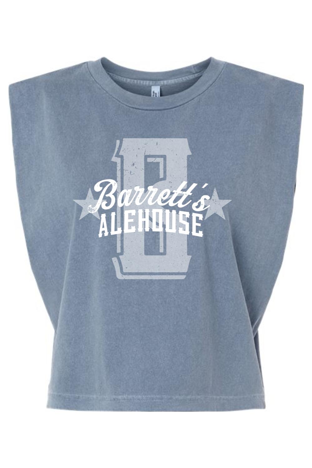 Blue garment-dyed women's muscle tee with a boxy, cropped fit and vintage Barrett's Alehouse graphic print.