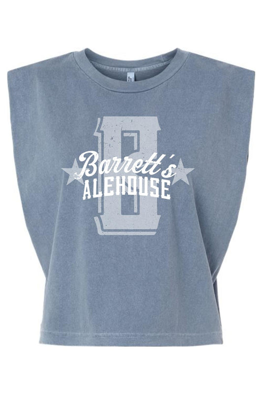 Blue garment-dyed women's muscle tee with a boxy, cropped fit and vintage Barrett's Alehouse graphic print.