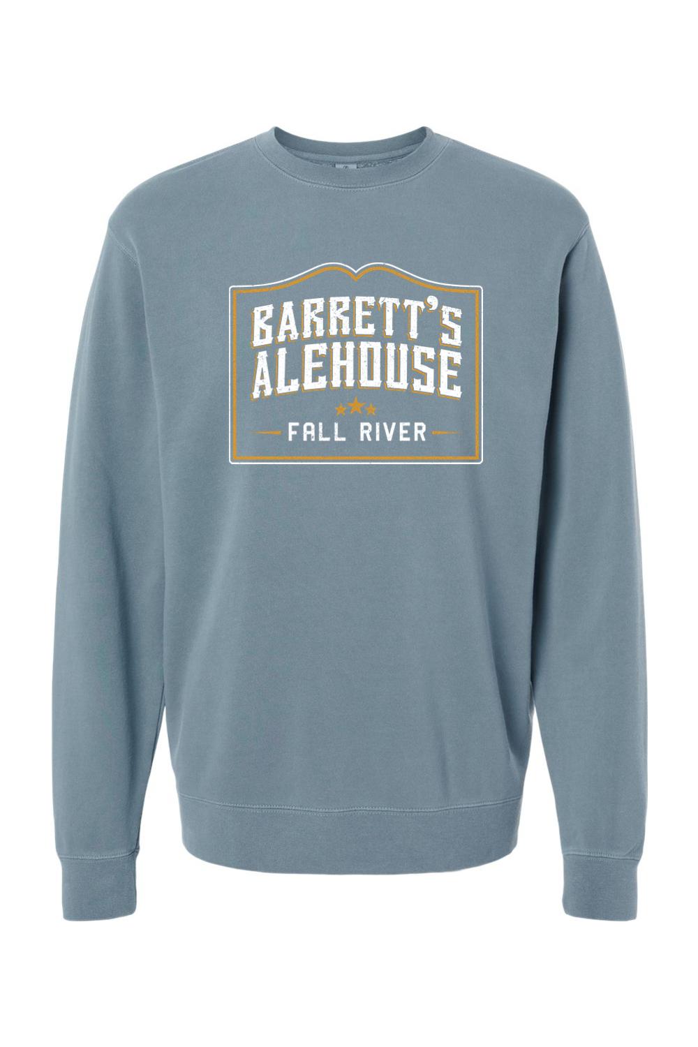 Blue pigment-dyed crewneck sweatshirt featuring a Barrett's Alehouse Fall River graphic logo on the chest.