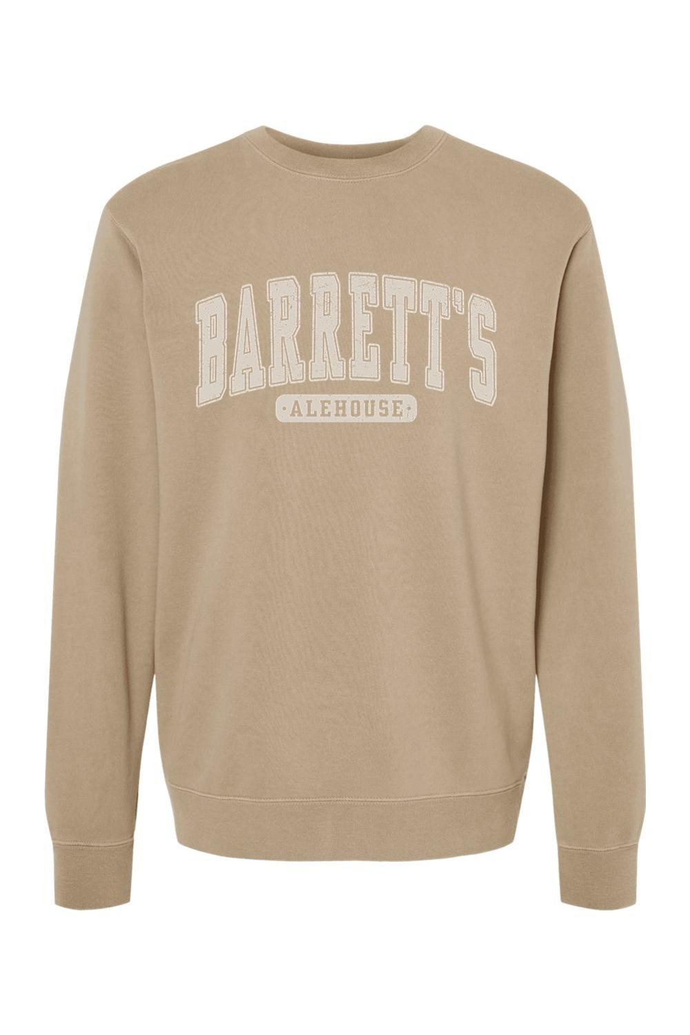 Tan pigment-dyed crewneck sweatshirt featuring Barrett's Alehouse collegiate-style lettering in a soft cotton blend.