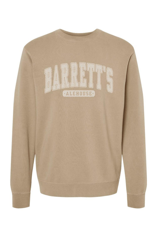 Tan pigment-dyed crewneck sweatshirt featuring Barrett's Alehouse collegiate-style lettering in a soft cotton blend.