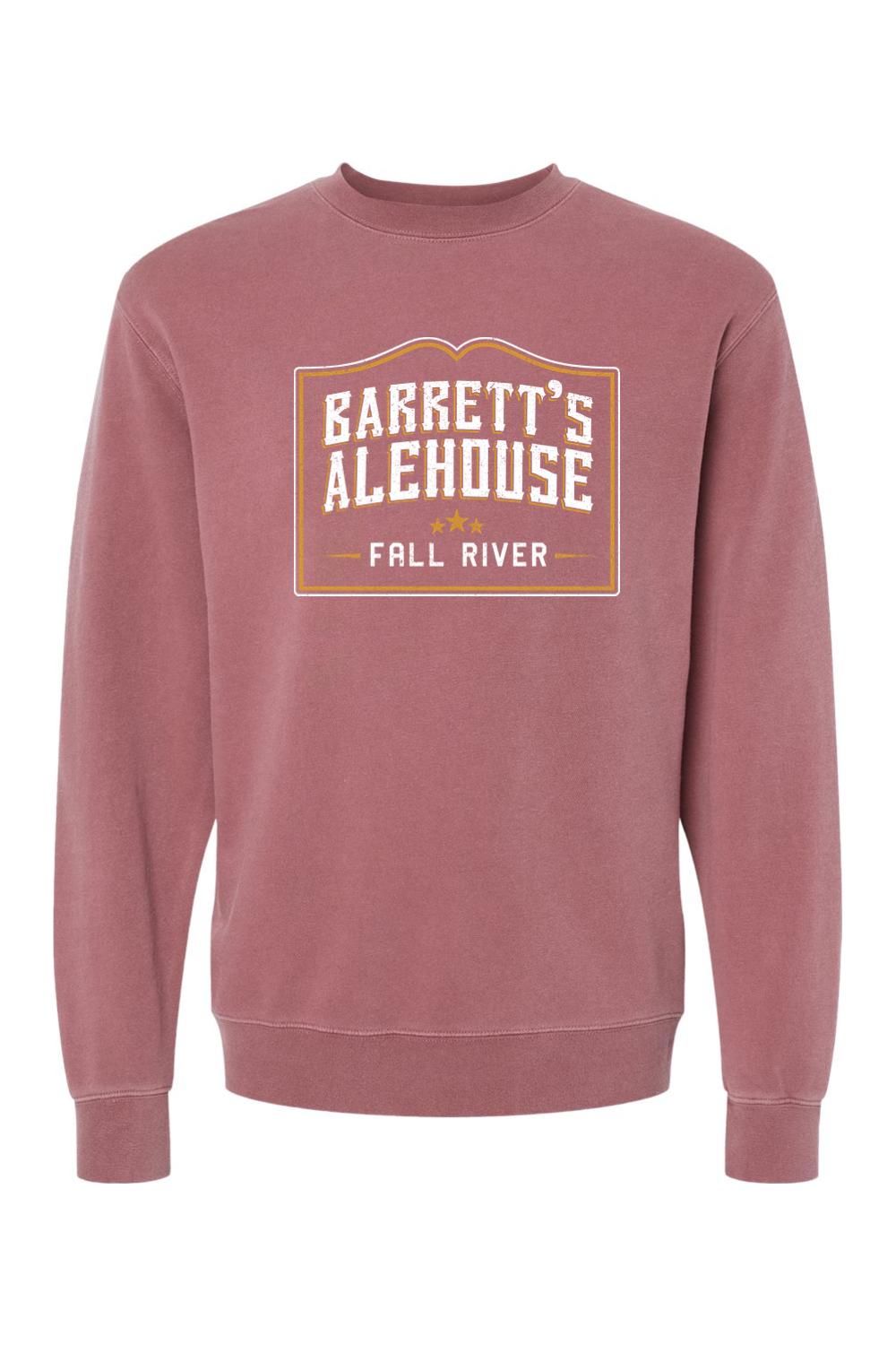 Dusty rose pigment-dyed crewneck sweatshirt featuring a Barrett's Alehouse Fall River graphic on the chest.