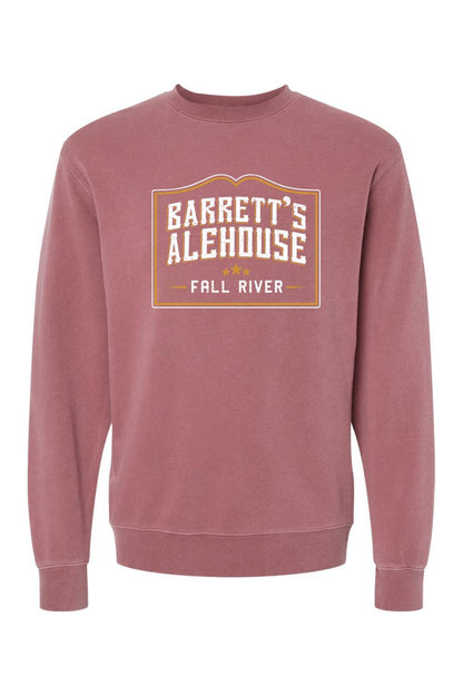 Dusty rose pigment-dyed crewneck sweatshirt featuring a Barrett's Alehouse Fall River graphic on the chest.
