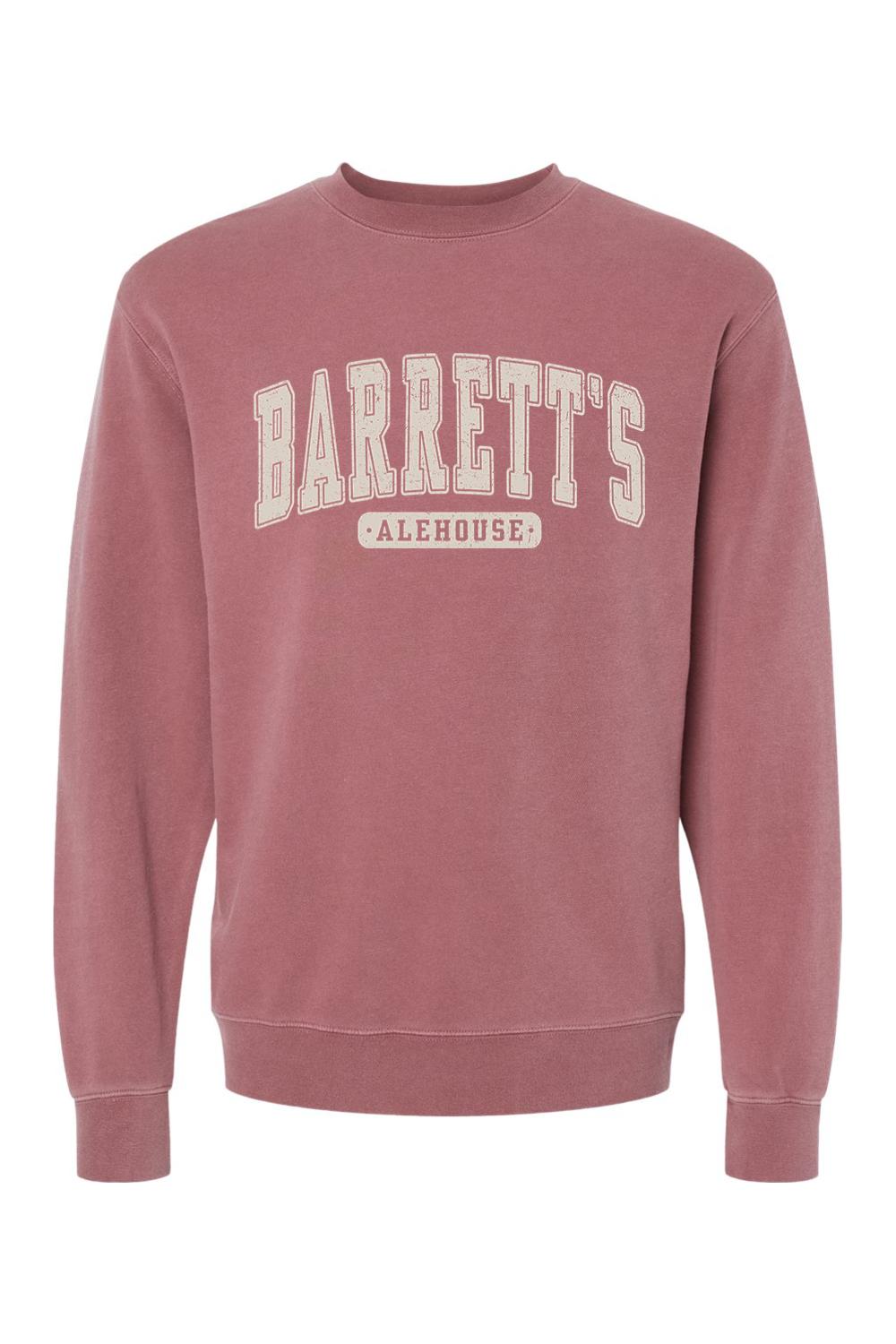 Dusty rose pigment-dyed crewneck sweatshirt featuring a vintage-style Barrett's Alehouse graphic in cream.