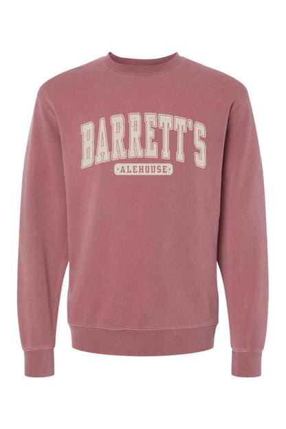 Dusty rose pigment-dyed crewneck sweatshirt featuring a vintage-style Barrett's Alehouse graphic in cream.