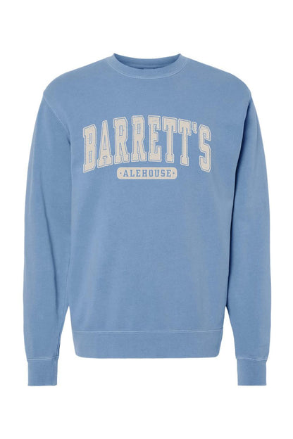 Blue pigment-dyed crewneck sweatshirt with vintage-style Barrett's Alehouse graphic print on the chest.