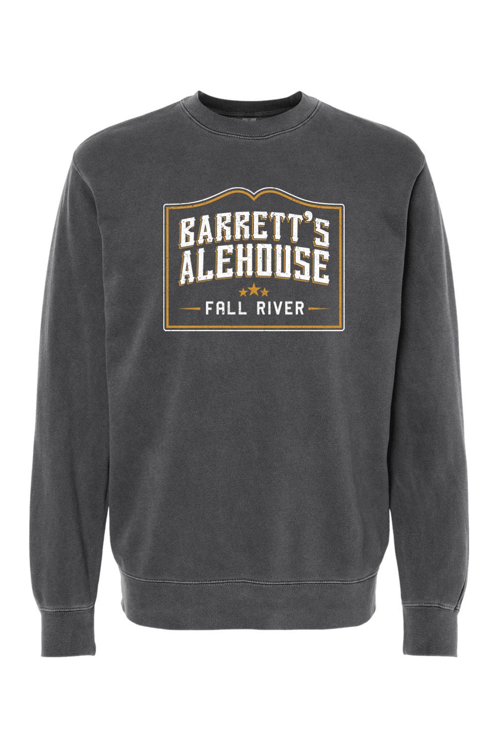 Charcoal pigment-dyed crewneck sweatshirt with Barrett's Alehouse Fall River logo graphic on the chest.