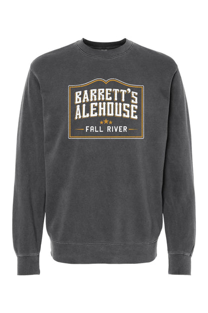 Charcoal pigment-dyed crewneck sweatshirt with Barrett's Alehouse Fall River logo graphic on the chest.