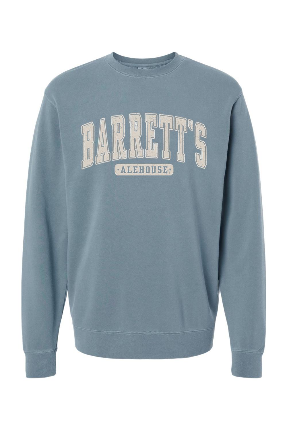 Blue pigment-dyed crewneck sweatshirt with vintage-style Barrett's Alehouse lettering in a soft cotton-blend fabric.