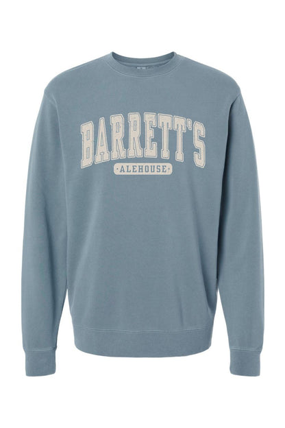 Blue pigment-dyed crewneck sweatshirt with vintage-style Barrett's Alehouse lettering in a soft cotton-blend fabric.
