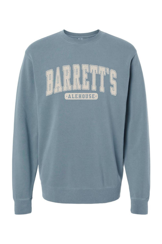 Blue pigment-dyed crewneck sweatshirt with vintage-style Barrett's Alehouse lettering in a soft cotton-blend fabric.