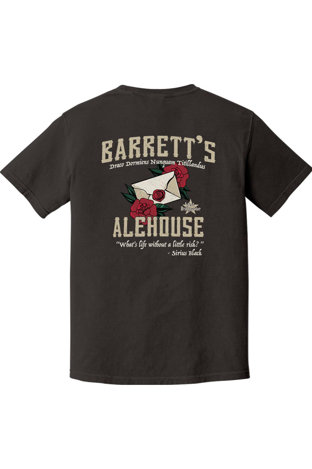 Black Comfort Colors cotton t-shirt featuring a Barrett's Alehouse rose and letter graphic on the back.