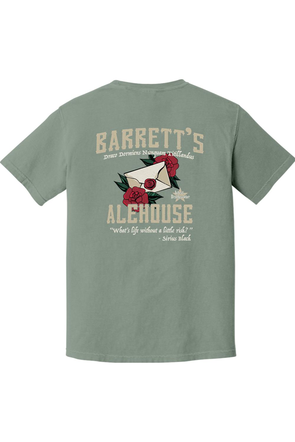 Sage green Comfort Colors cotton t-shirt featuring a Barrett's Alehouse rose and letter graphic on the back.