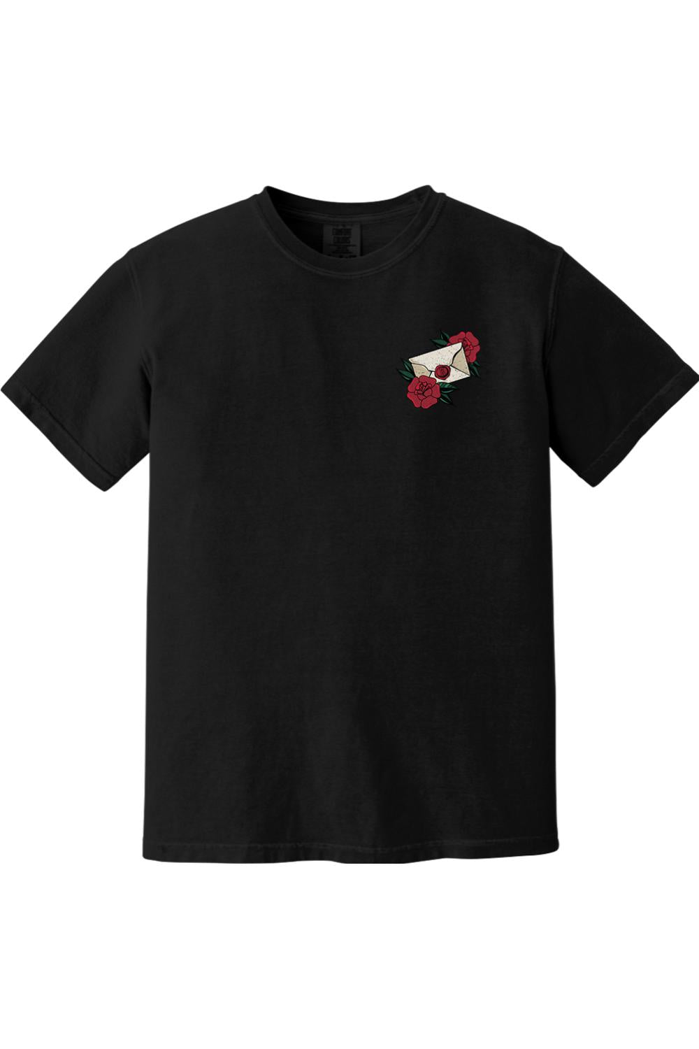 Black Comfort Colors cotton t-shirt featuring a small rose and envelope graphic on the left chest.