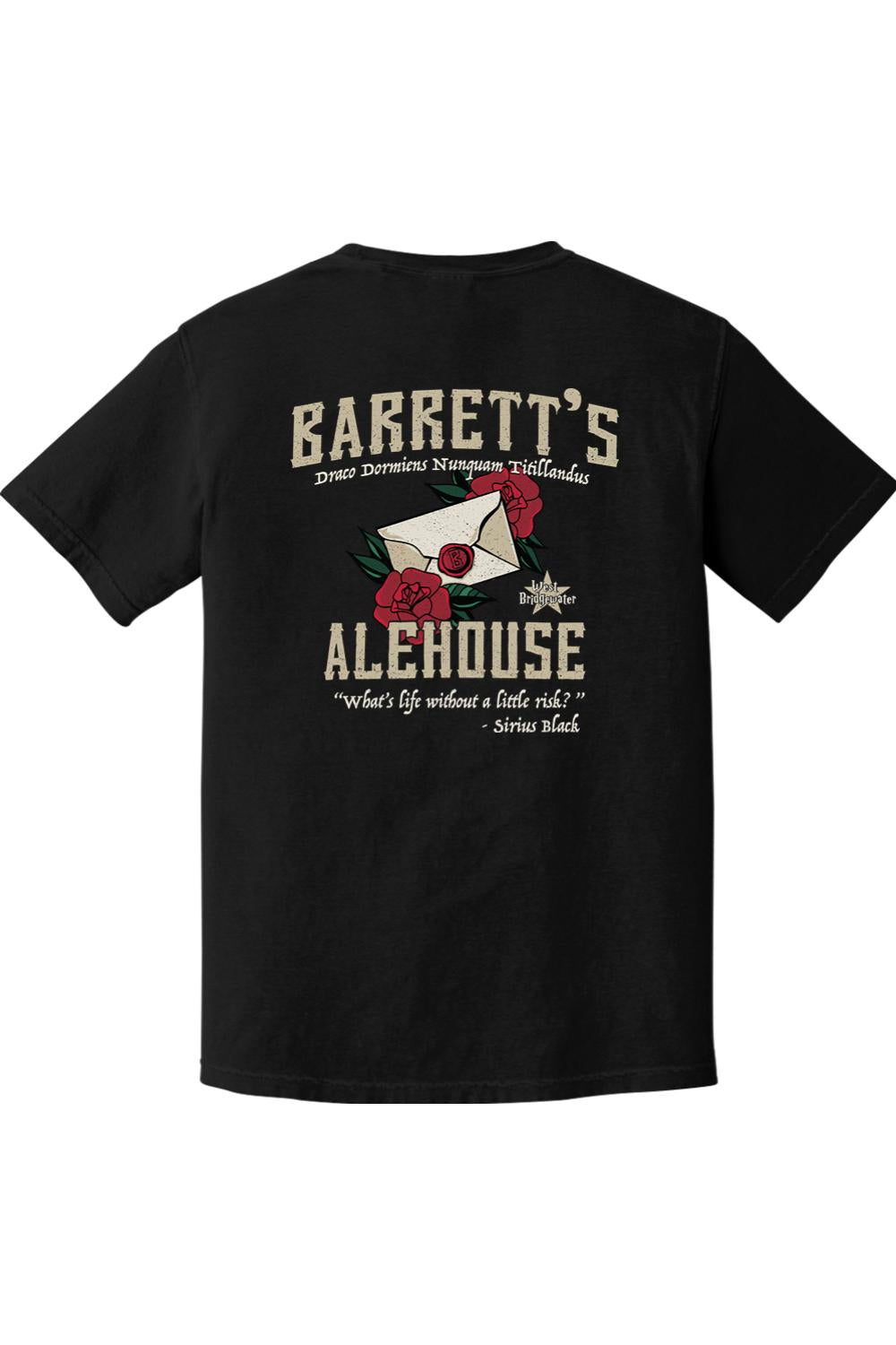 Black Comfort Colors cotton t-shirt featuring a Barrett's Alehouse graphic with a rose, envelope, and quote on the back.