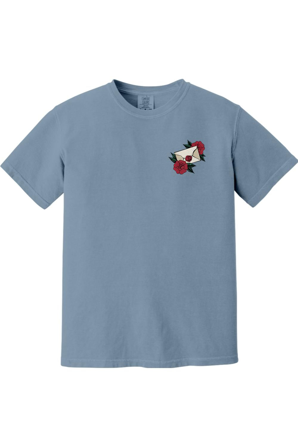 Blue Comfort Colors ringspun cotton t-shirt featuring a small envelope and red rose graphic on the left chest.