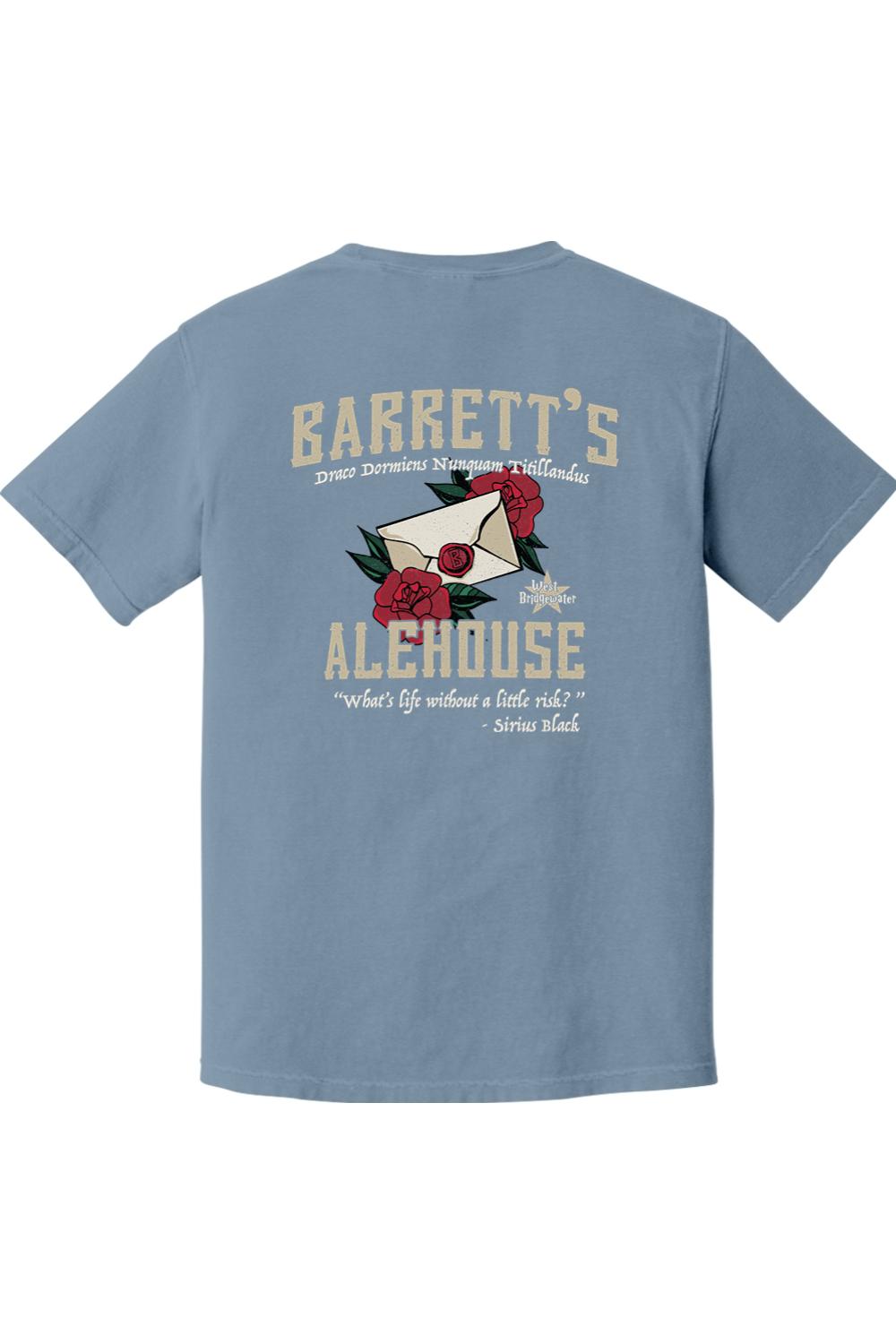 Blue Comfort Colors cotton t-shirt featuring a Barrett's Alehouse rose and letter graphic on the back.