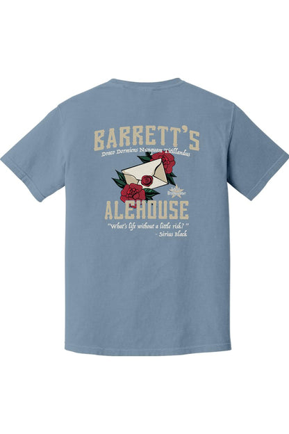 Blue Comfort Colors cotton t-shirt featuring a Barrett's Alehouse rose and letter graphic on the back.