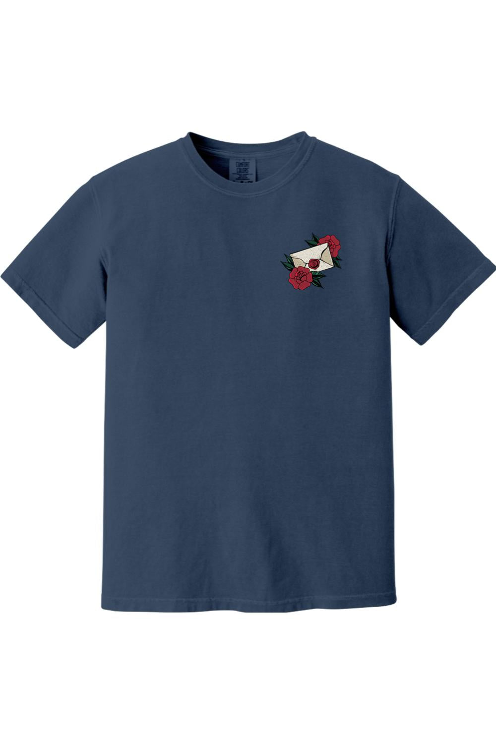 Navy blue Comfort Colors cotton t-shirt featuring a small rose and envelope graphic on the left chest.