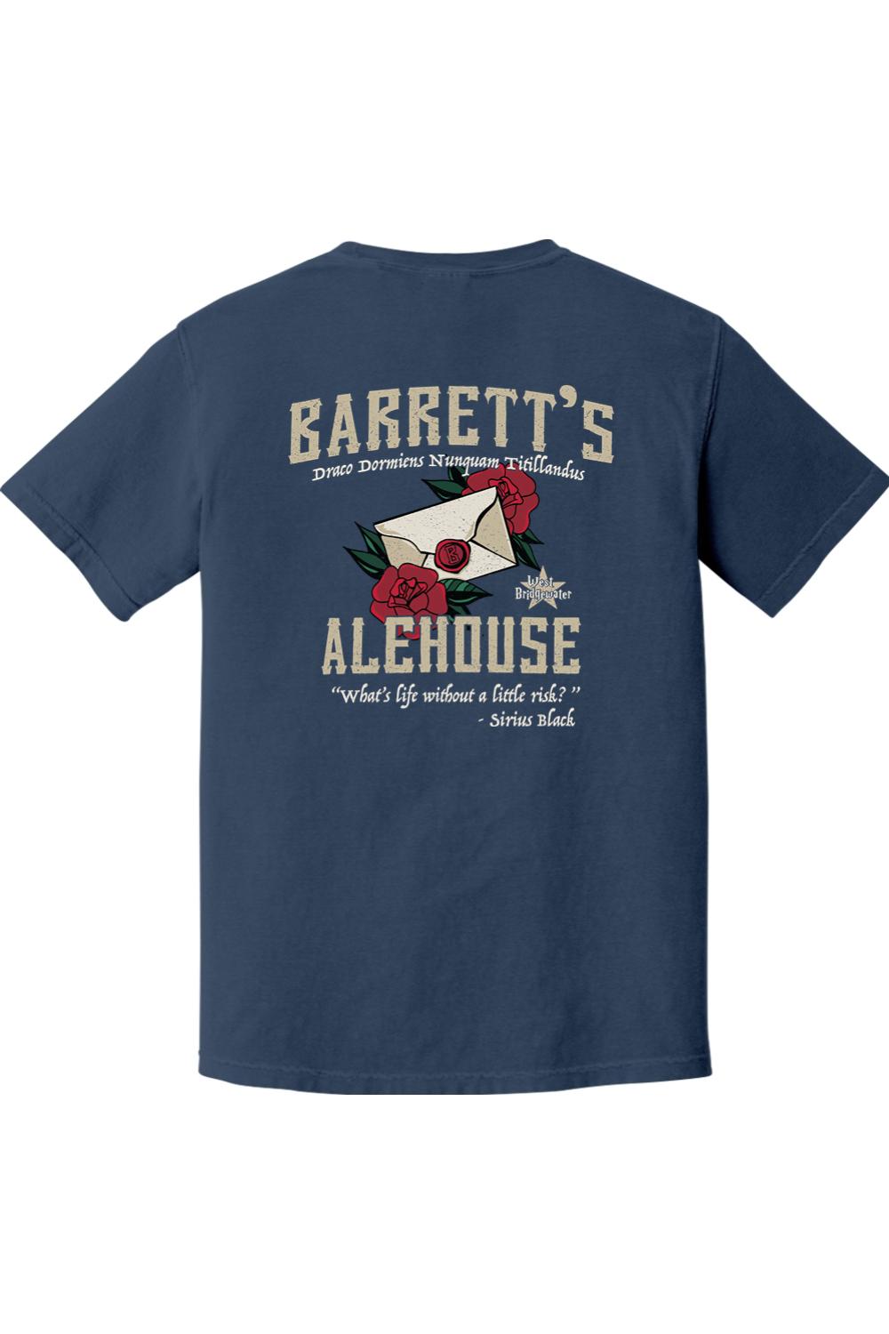 Navy blue Comfort Colors cotton t-shirt featuring a Barrett's Alehouse rose and letter graphic on the back.