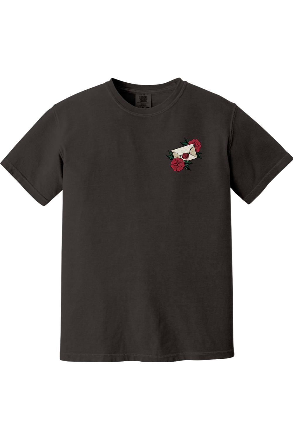 Charcoal grey Comfort Colors cotton t-shirt featuring a small rose and envelope graphic on the left chest.