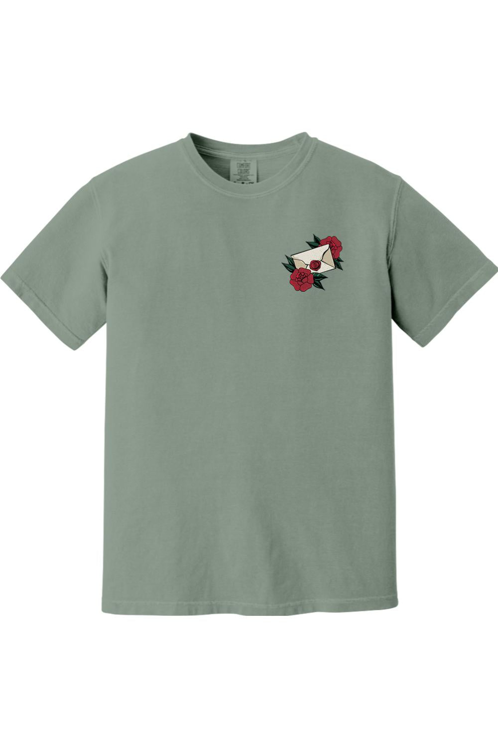 Sage green Comfort Colors ringspun cotton t-shirt featuring a small rose and envelope graphic on the chest.