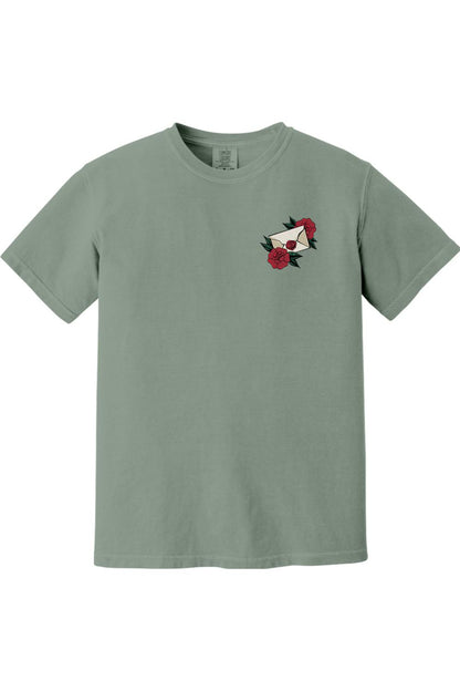 Sage green Comfort Colors ringspun cotton t-shirt featuring a small rose and envelope graphic on the chest.