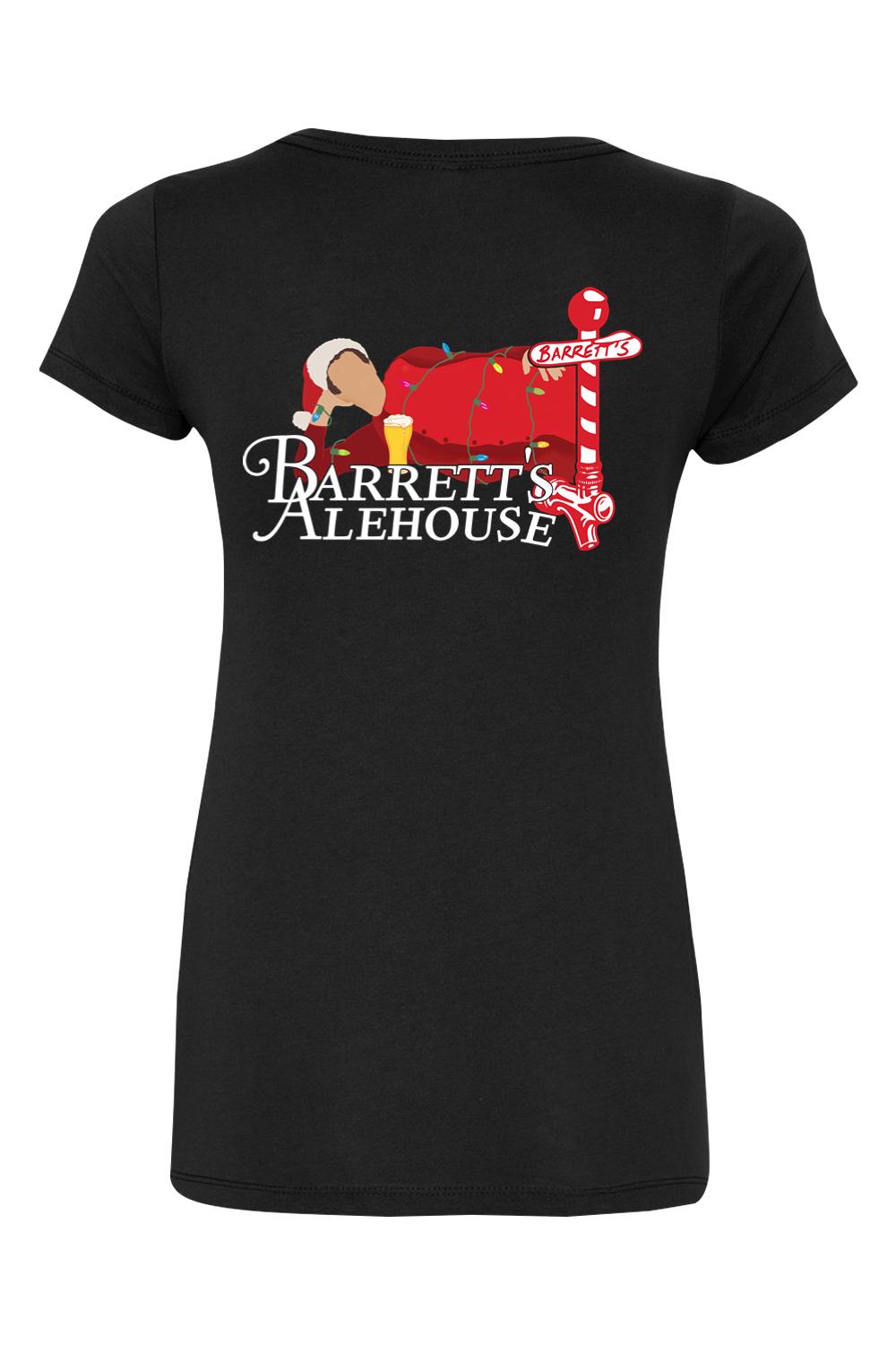 Women's black cotton blend V-neck t-shirt featuring a festive Barrett's Alehouse Santa graphic print.