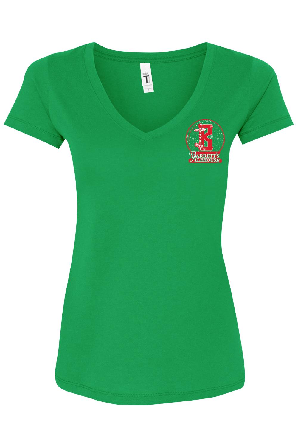 Women's green cotton blend V-neck t-shirt featuring a festive Barrett's Alehouse Santa logo on the chest.