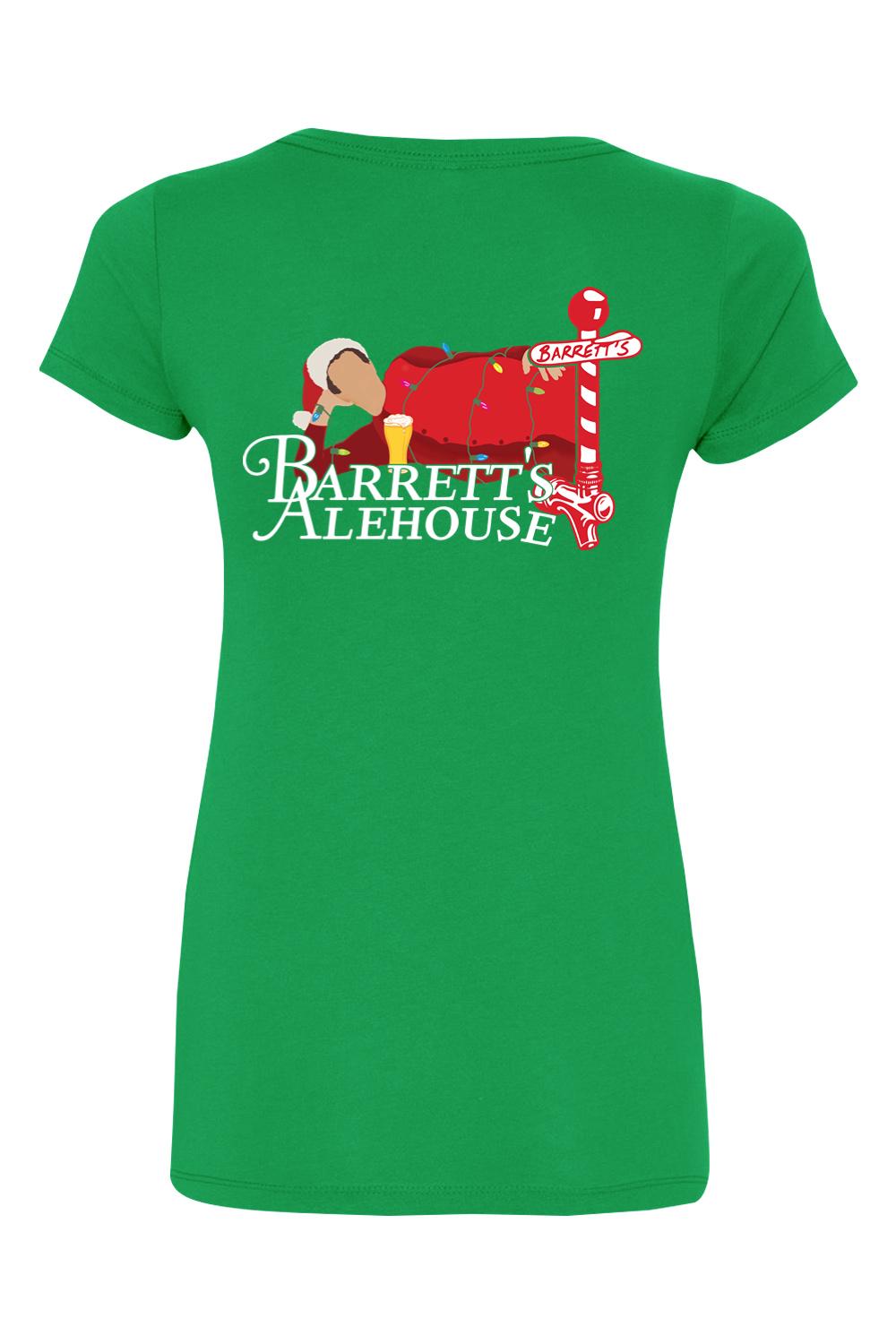 Women's green cotton blend V-neck t-shirt featuring a festive Barrett's Alehouse Santa graphic on the front.