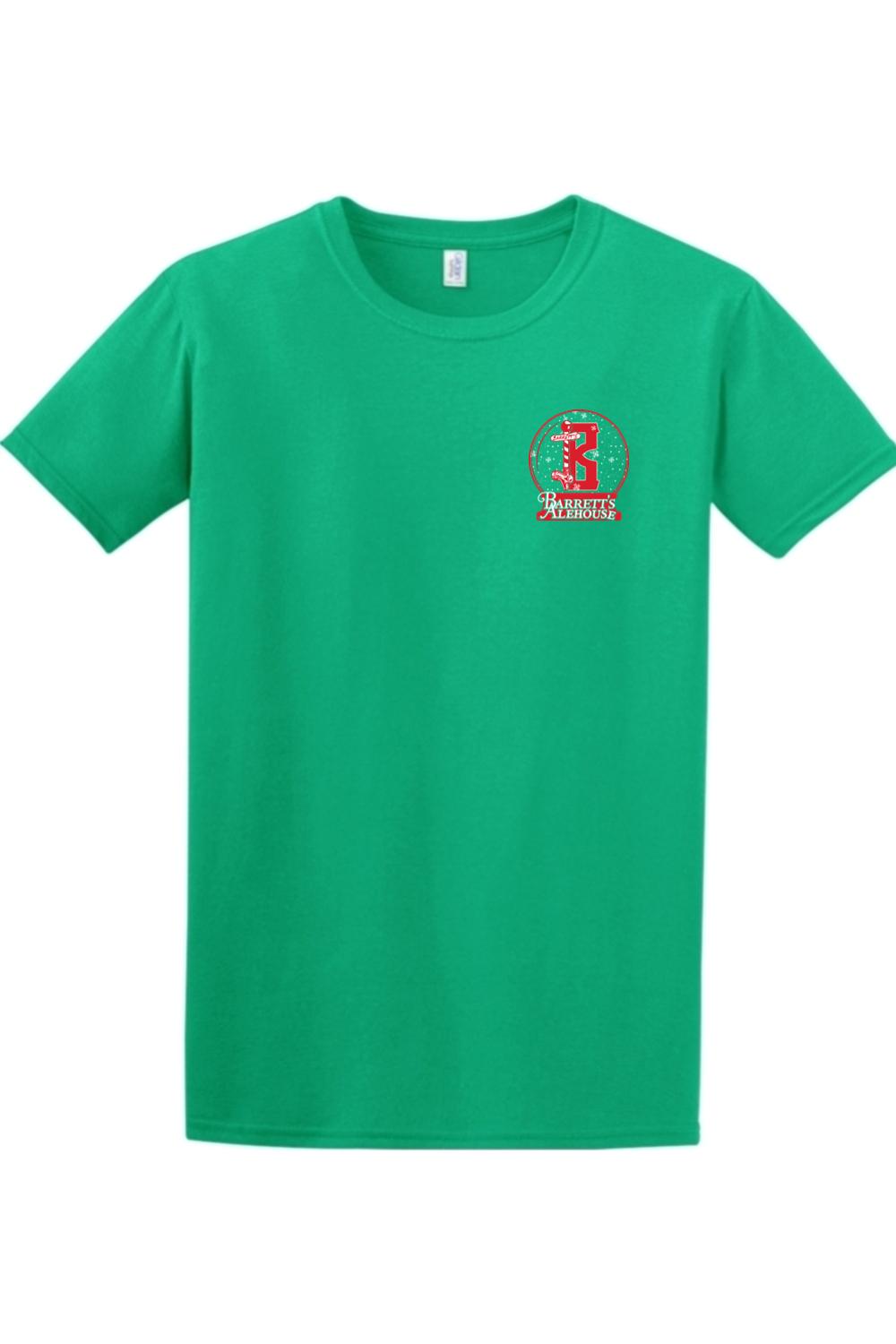 Green short-sleeve cotton t-shirt featuring a festive Barrett's Alehouse Santa logo on the left chest.