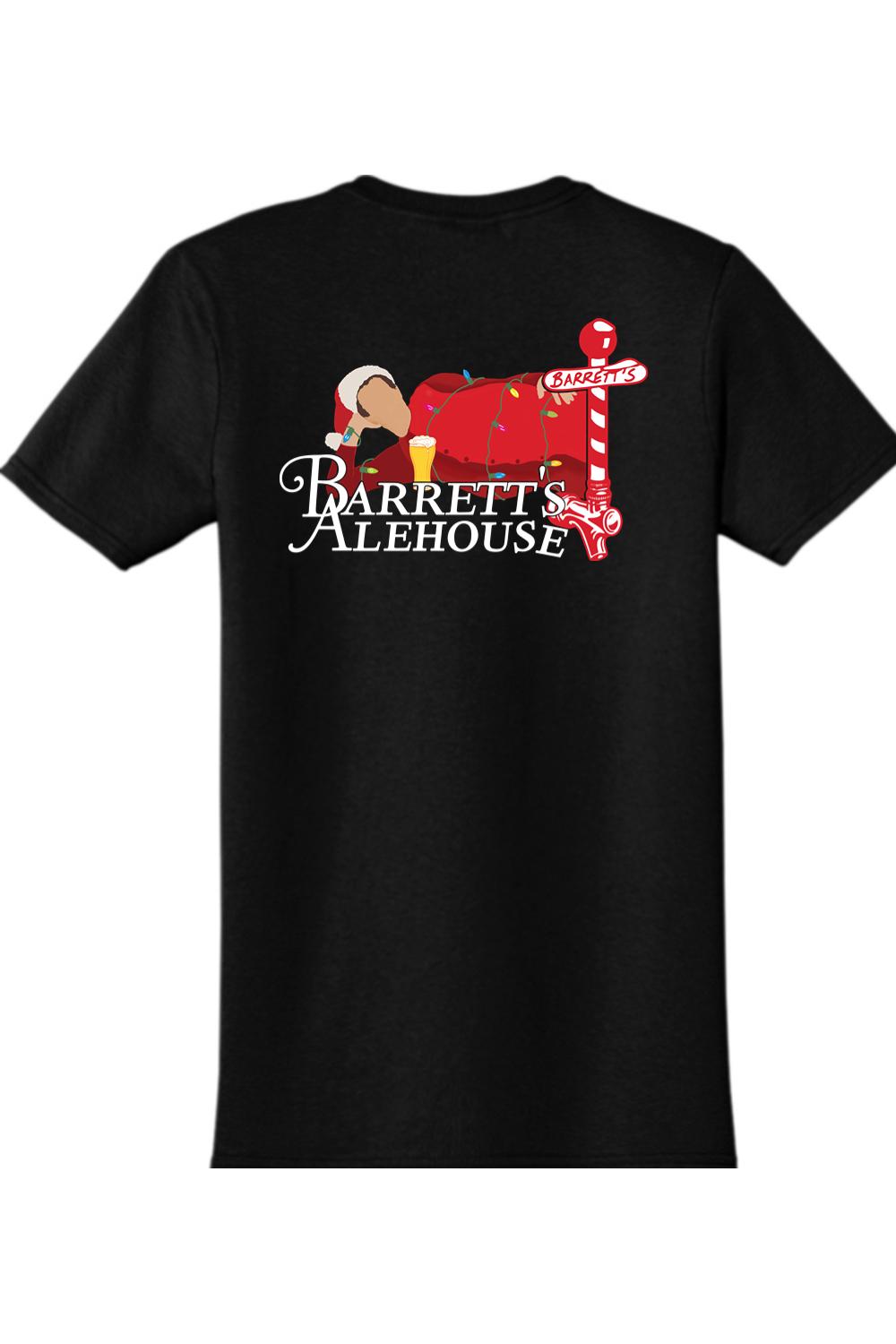 Black 100% cotton t-shirt featuring a festive Santa graphic with a beer tap and Barrett's Alehouse logo.